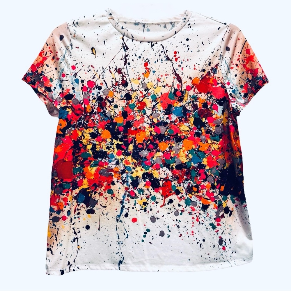 Women’s Colorful Graphic Size Large Short Sleeve Round Neck Soft Polyester Tee - Picture 2 of 5